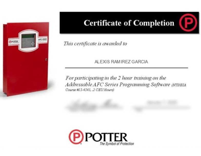 Certificado Addressable AFC Series Hardware & Panel Interfaz Potter the symbol of protection